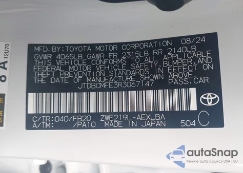 2024 Toyota Corolla Hybrid Le from USA, damaged, VIN JTDBCMFE3R3067147